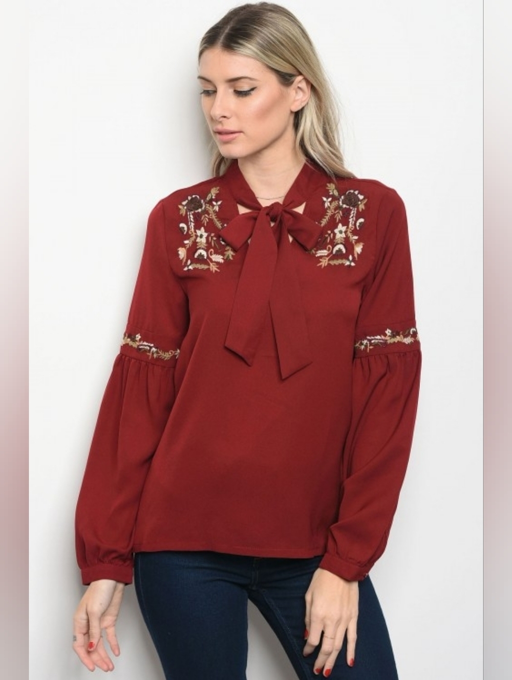 Women's Embroidered Tie-Neck Blouse in Burgundy